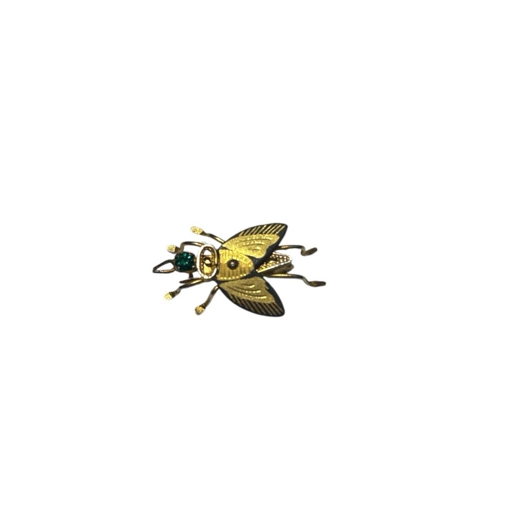 Vintage Damascene Gold Tone Green Rhinestone Ornate Wings Fly Insect Brooch‎ Pin